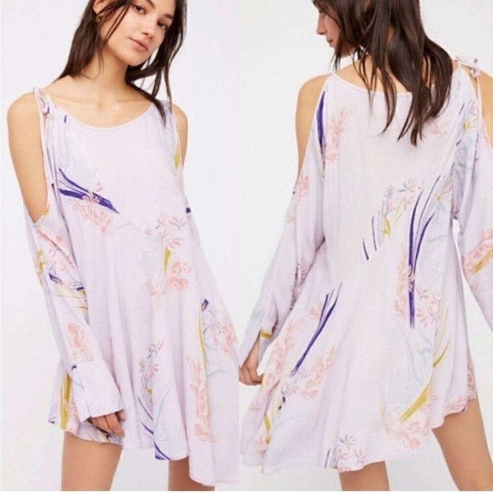 Free People Clear Skies Cold Shoulder Lilac Floral Boho Tunic Blouse